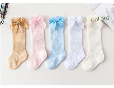 Baby Infants Kids Toddlers Girls Boys Knee High Socks Tights Leg Warmer Ribbon Bow Solid Cotton Stretch Cute Lovely