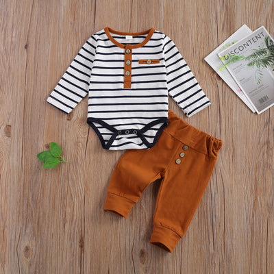 Casual Suit Clothing Round Neck Long Sleeve Stripe Romper Button Decoration Loose Trousers