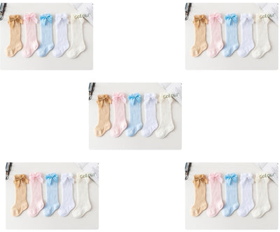 Baby Infants Kids Toddlers Girls Boys Knee High Socks Tights Leg Warmer Ribbon Bow Solid Cotton Stretch Cute Lovely