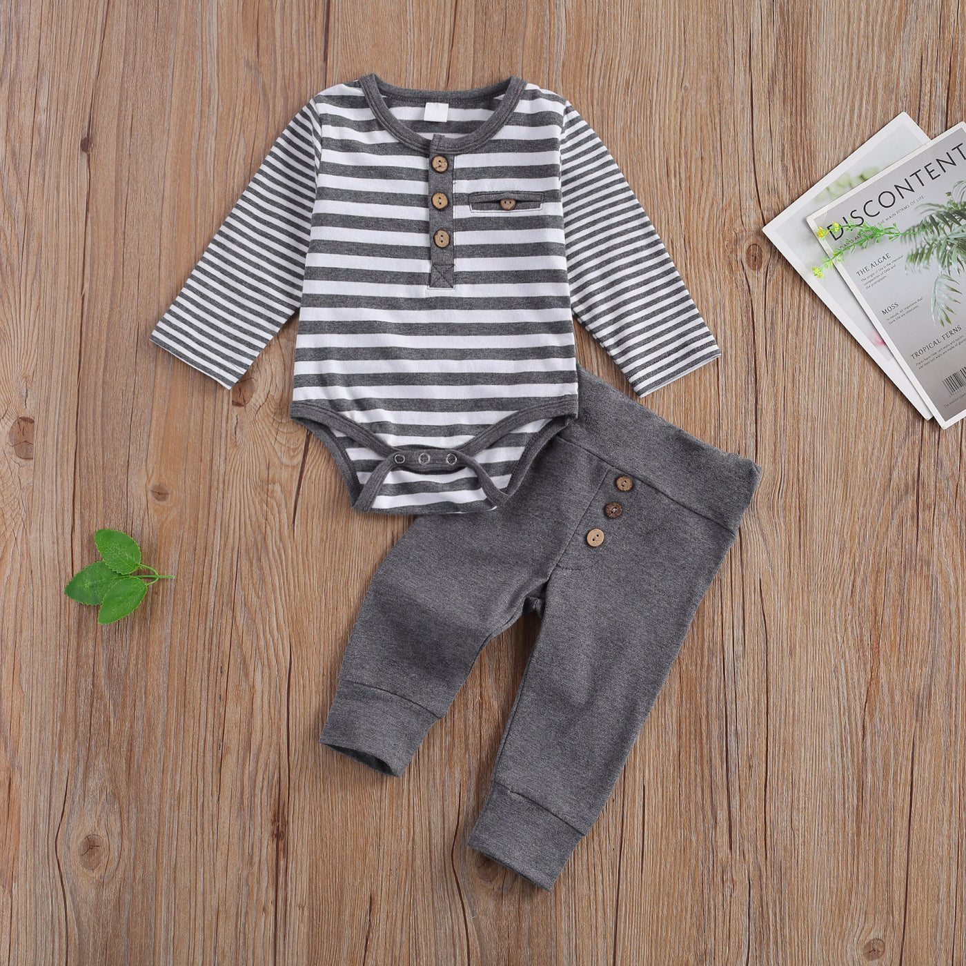 Casual Suit Clothing Round Neck Long Sleeve Stripe Romper Button Decoration Loose Trousers