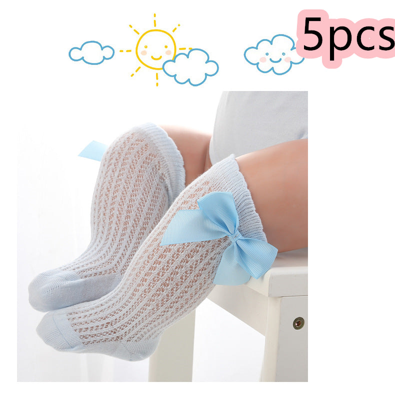 Baby Infants Kids Toddlers Girls Boys Knee High Socks Tights Leg Warmer Ribbon Bow Solid Cotton Stretch Cute Lovely