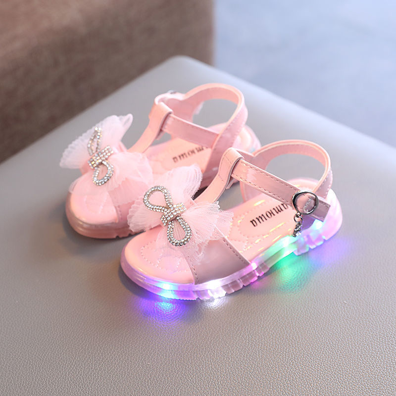 Baby Sandals Light Up, Girls Princess Shoes, Flowers, Soft-soled Toddler Shoes